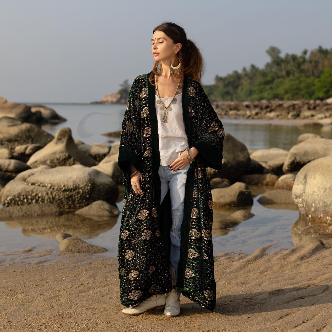 Plus Size Velvet Kimono Duster: Embroidered Boho Festival Coat