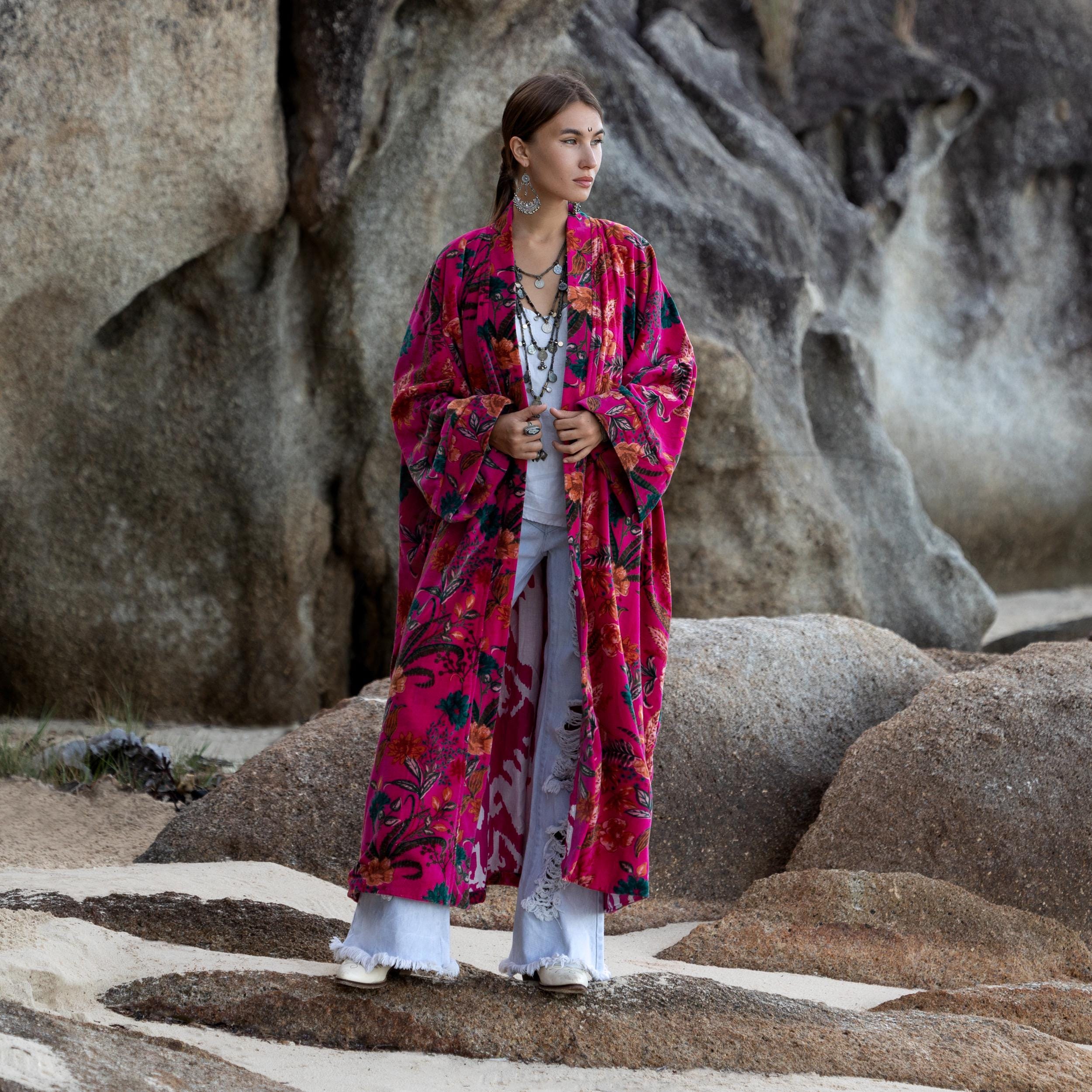 Cerise Caravan Velvet Kimono Robe: Plus Size Boho Duster Coat