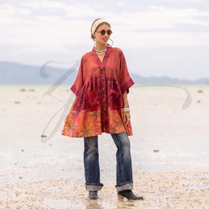Crimson Sunset Aria | Vintage Silk Patchwork Tunic Top | 62" Bust
