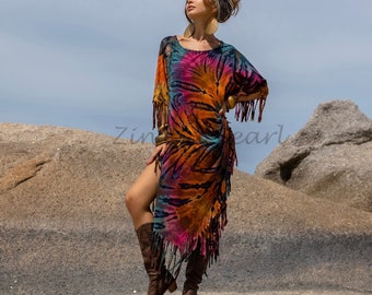 Robe poncho en coton tie-dye faite main – Tunique bohème à franges | Arlo