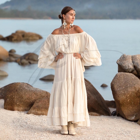 Off-Shoulder Boho Wedding Dress, Tiered Raw Cotton Gauze Maxi Dress Cream | Alba Off-Shoulder Boho Wedding Dress, Tiered Raw Cotton Gauze Maxi Dress Cream | Alba