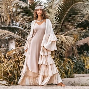 Bali Boho Hippie Maxi Tiered Ruffled Duster Kimono Festival Beach Holidays Wedding Cardigan One Size One Plus Size
