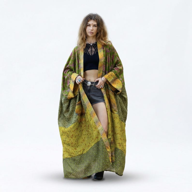 Upcycled Old Robe Upcycled Silk Kimono Duster | Long Boho Robe | Vintage Sari Patchwork ...