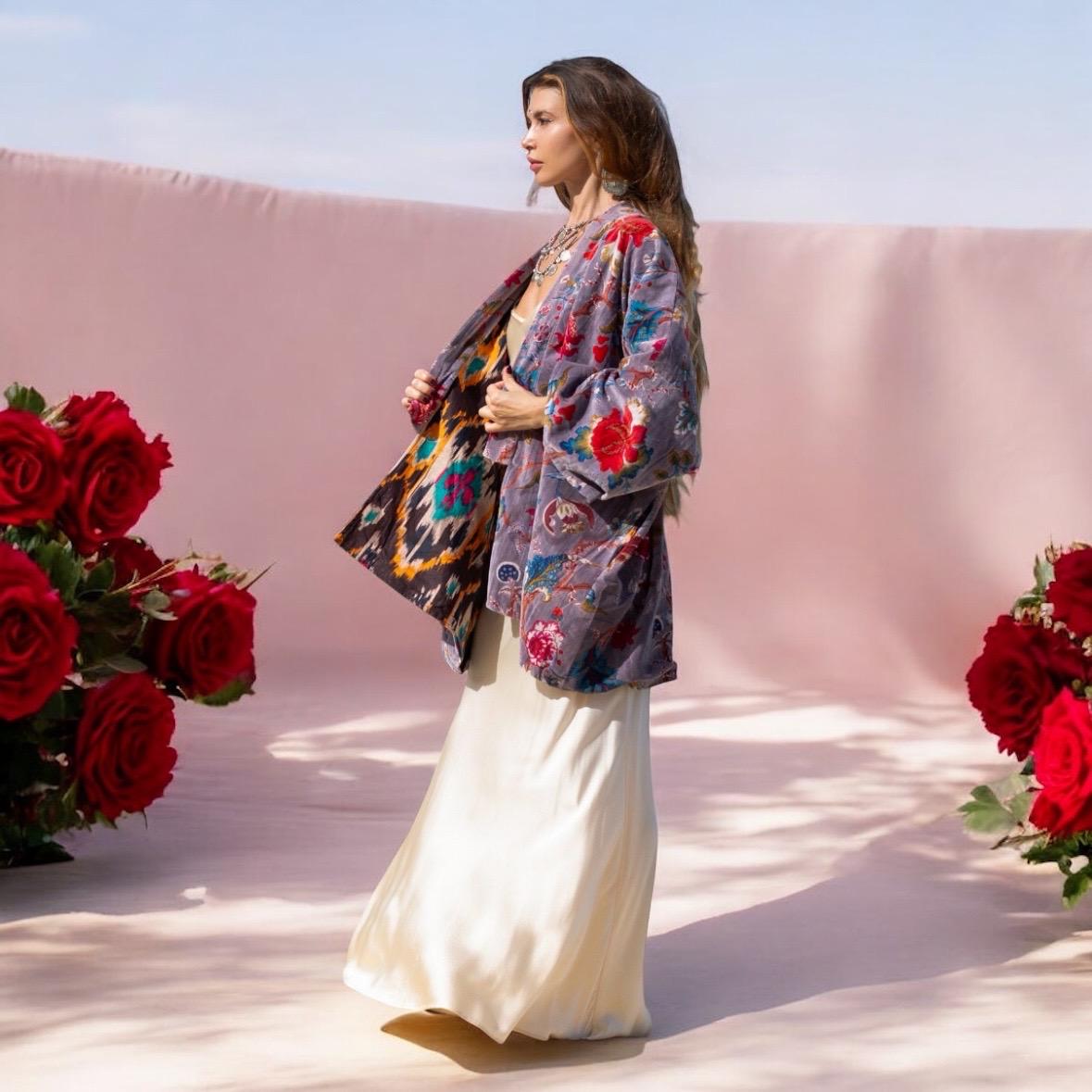 Luxury Velvet Robe Kimono Jacket – Boho Chic Floral Layer Luxury Velvet Robe Kimono Jacket – Boho Chic Floral Layer