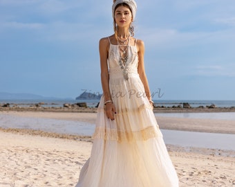 Valentina Wedding Dress Ruffled Bohemian Gown Festival Engagement Photo Shoot Maxi Dress Holidays Special Elegant Vacation One Regular Size