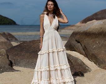 Raw Cotton Boho Halter Wedding Dress – Amalia Maxi Gown by ZinniaPearl