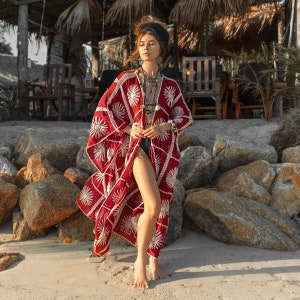 Handmade Floral Embroidered Crochet Cotton Kimono Duster | Flora Red Wine