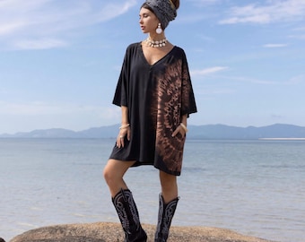 Sienna Nebula Tie Dye Kaftan Dress – Oversized Cotton Boho Maxi 1X–3X
