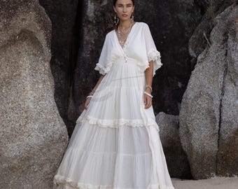 Beata – Ivory Pearl Boho Wedding Dress | Flowy Cotton Bridal Maxi Gown, One Size Plus