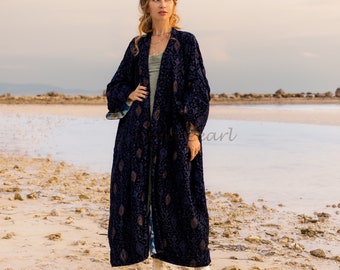 Roma Velvet Kimono Long Jacket Embroidery Gold Beaded Handmade Autumn Winter Spring Special Gifts Holidays Classic Elegant Plus Size