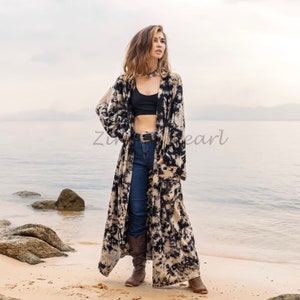 Yuma Maxi Hand Tie Dye Kimono Duster Cardigan Beach Coverup Festival ONE PLUS SIZE Boho Hippie Jersey Cotton