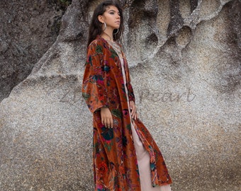 花柄ベルベット着物：ボヘミアンシックなコットン裏地マキシダスター