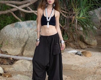 Hand Dyed Black Harem Pants: Handmade Raw Cotton Boho Yoga Lounge Wear - Ira
