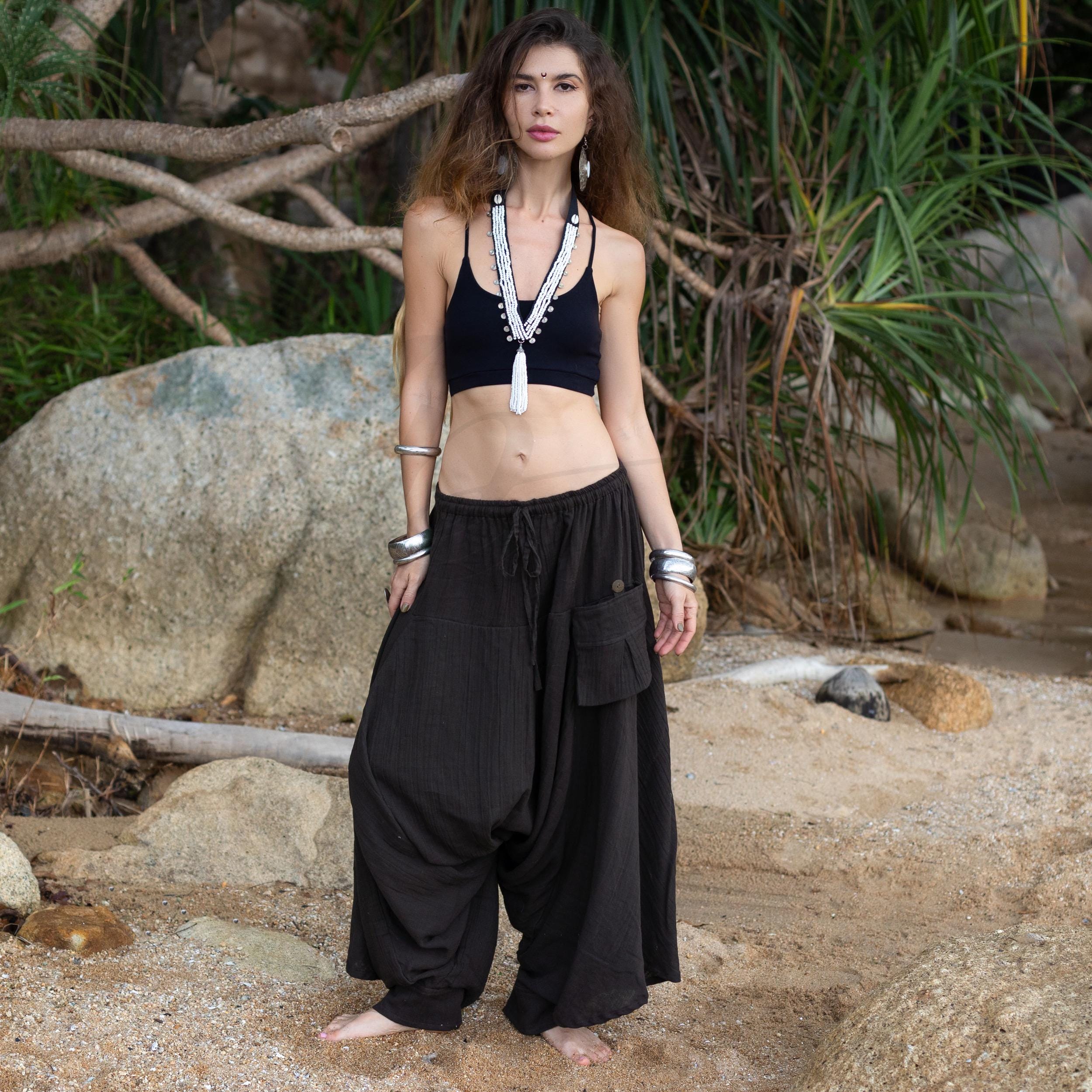 Hand Dyed Black Harem Pants: Handmade Raw Cotton Boho Yoga Lounge