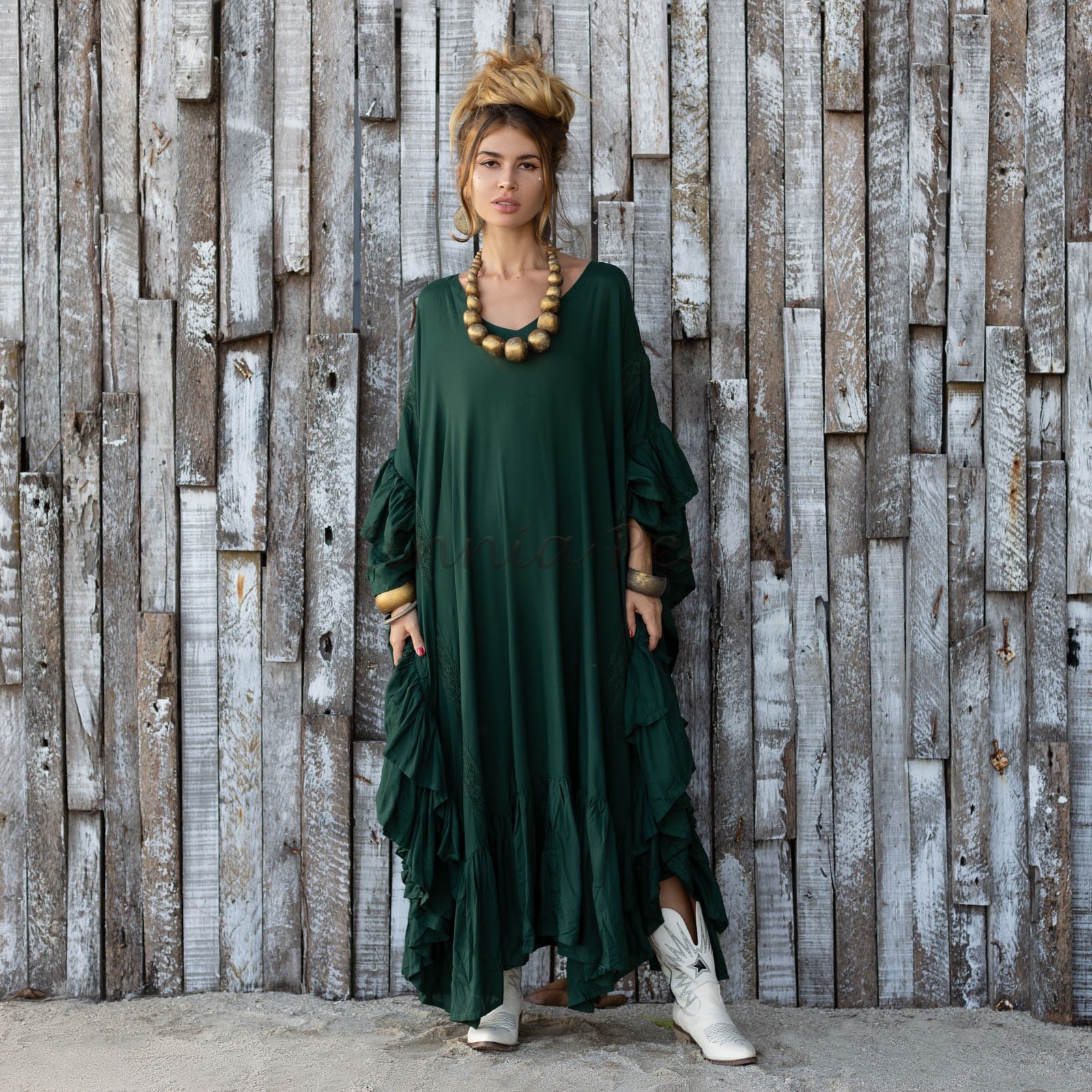 green woodland dress Forest Belle Green Floral Trim Midi Dress – The Hippie Shake main image 0