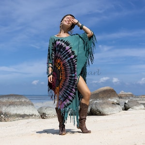 Tie-Dye Fringe Tunic Dress, Boho Poncho, Plus Size Festival Kaftan, Flowy Beach Cover-Up, Hippie Chic Outfit, Gift – Arlo Crescent Green