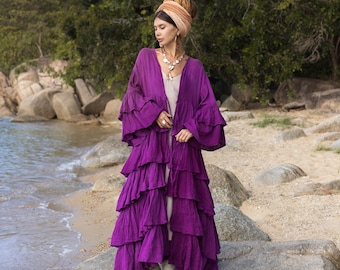 Handmade Violet Boho Kimono: Raw Cotton Tiered Bali Coverup - Bali