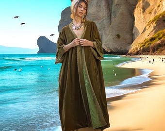 Moss Sage Velvet Duster – Handmade Lace Trim Kimono Coat | Misty