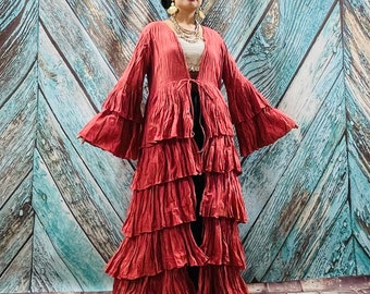 Bali Boho Hippie Maxi Tiered Ruffled Duster Kimono Festival Beach Holidays Wedding Cardigan One Size One Plus Size