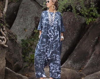 Boho Tie-Dye Jumpsuit, Haremsstrampler aus Baumwolle | Midnight Tide Sadie
