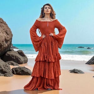 Off-Shoulder Boho Wedding Dress – Ruffled Tiered Cotton Maxi | Lucia Burnt Orange