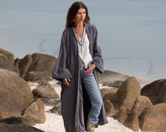Silky Velvet Kimono Jacket – Ashen Tide Boho Duster Coat | Mai by ZinniaPearl