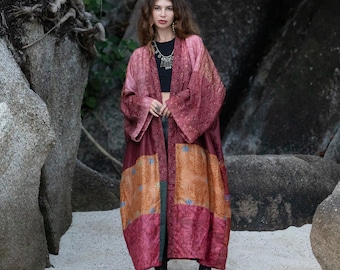 Boho Silk Kimono Duster: Upcycled Vintage Sari Robe - Rust Rose Ochre - Mai