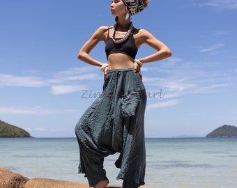 Haremshose für Damen in Übergröße - Fluss Moosgrün, Rohbaumwolle Sommer Strand Festival Outfit, Lounge Wear, handgemachtes Geschenk | Ira-ZinniaPearl
