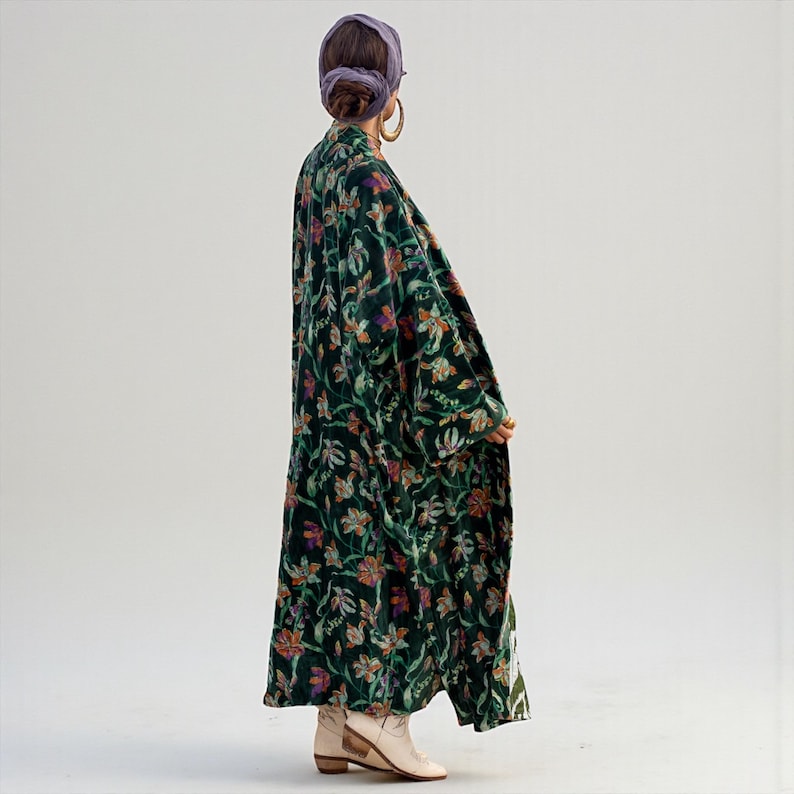The Mai Emerald Iris Velvet Kimono | Cotton Velvet Duster Robe | Plus ...