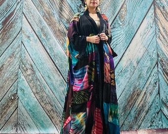 Plus Size Tie-Dye Patchwork Kimono Duster – Boho Festival Beach Cover-Up | Catori