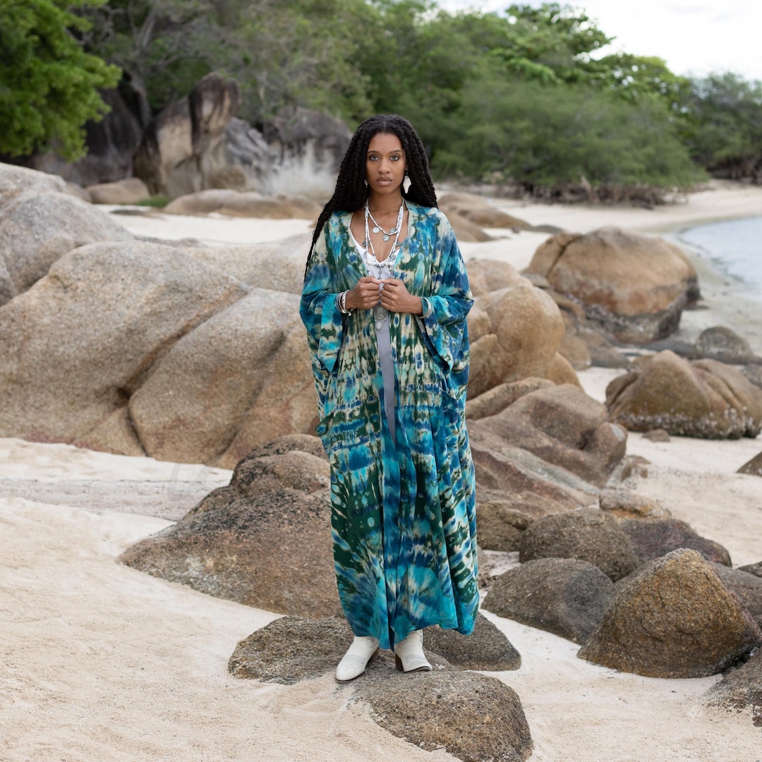 Handdyed Psychedelic Tie Dye Kimono Robe Sapphire Peace Sign Plus Size
