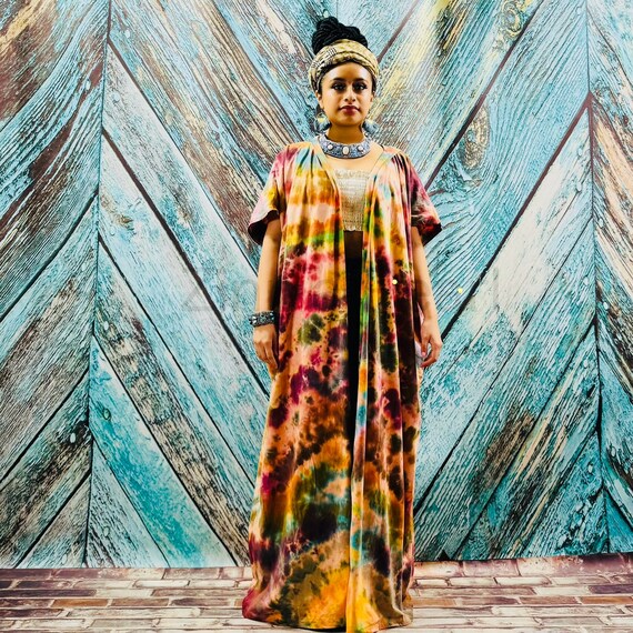 Kimono tie dye Kayla in cotone con cappuccio, copricostume da