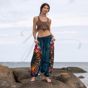 May include: A brown crop top and teal tie-dye harem pants. The pants feature vibrant splashes of red, orange, and yellow. The model is standing on a rock near the ocean. The outfit is casual and bohemian.
