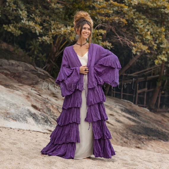 Bali Boho Hippie Maxi Tiered Ruffled Duster Kimono Festival Beach