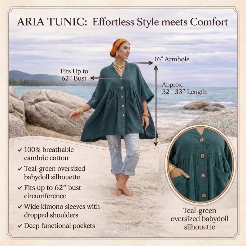 Infographic highlighting the Aria Tunic in Smoky Jade cotton gauze with measurements and key design features. The oversized boho tunic includes a babydoll silhouette, wide kimono sleeves, wooden buttons, and functional pockets. The graphic shows a generous fit up to a 62 inch bust and approximately 32–33 inch length, emphasizing breathable cotton fabric, relaxed drape, and versatile styling for beach, travel, or everyday wear.