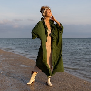 Boho Ruffled Maxi Duster Kimono: Raw Cotton Beach Cover Up - Avalon