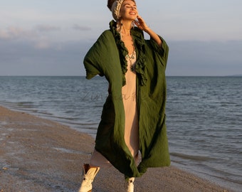 Boho maxi-stofdoekkimono met ruches: strandkleed van ruw katoen - Avalon