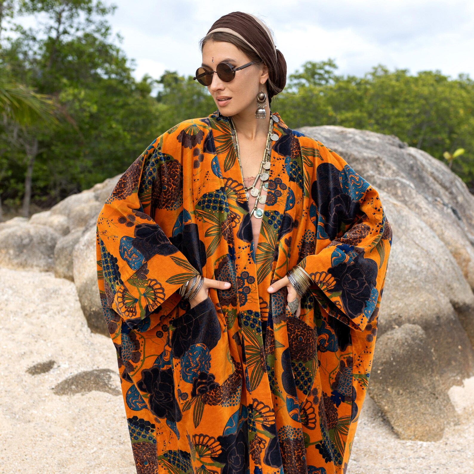 Sunfire Robe Plus Size Velvet Kimono Duster – Sunfire Bloom Floral Boho Robe ...
