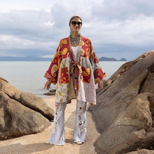 Indira Reversible Kantha Jacket – Saffron Bazaar Patchwork | Upcycled Cotton Quilted Boho Coat