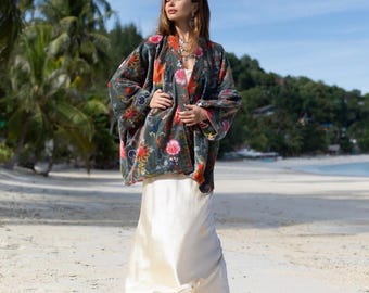 Plus Size Velvet Kimono Jacket: Floral Boho Duster, Handmade - Mei