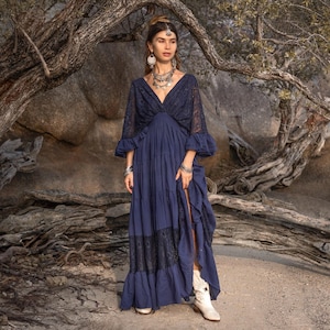 Lace-Trimmed Cotton Maxi Dress: Handmade Boho-Chic Kaftan - Lunette