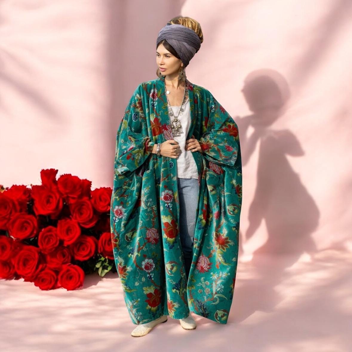 Ye Robe Plus Size Velvet Kimono Duster: Harper Jade Botanical Robe - Etsy