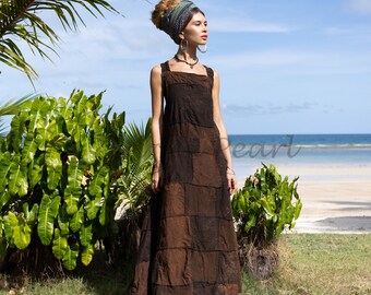 Handmade Patchwork Cotton Maxi Dress: Boho Sleeveless Overalls - Binsa