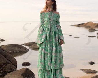 Boho Cotton Maxi Dress: Sage Bloom Off-Shoulder Gown - Lucia