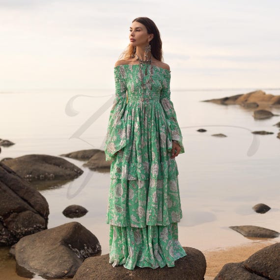 Boho Cotton Maxi Dress: Sage Bloom Off-Shoulder Gown - Lucia