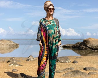 Trendy Plus Size Tie-Dye Jumpsuit - Jungle Twilight Boho Romper, Festival & Beachwear, Sommer Body Perfektes Geschenk - Sadie -ZinniaPearl