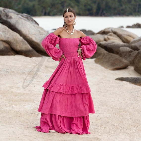 Isabella Off-Shoulder Maxi Dress | Fuchsia Crush Boho Gown | Plus Size Cotton Wedding Dress Isabella Off-Shoulder Maxi Dress | Fuchsia Crush Boho Gown | Plus Size Cotton Wedding Dress