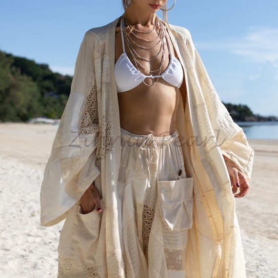 Boho Cotton Patchwork Kimono Jacket – VEDA in Ivory