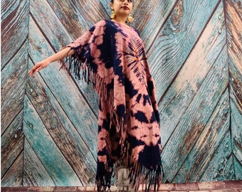 Express Your Boho Spirit with our ARLO Festival Poncho Tunic Dress. Inclusive Sizing from One Size to 3X, Hand-Tiedye Fringe Kaftan