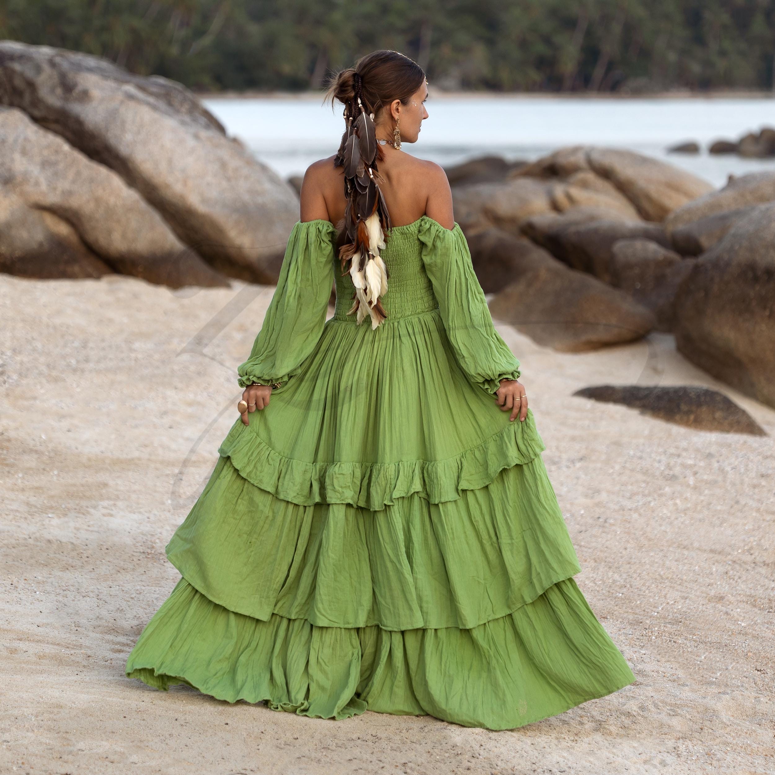 chinese dress ladies Pinkblush Forest Green Pleated Ruffle Off Shoulder Maternity Maxi Dress Medium